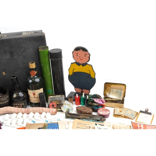 1630 - Collection of vintage magician tricks and props including tinplate bottles, playing cards, cups & ba... 