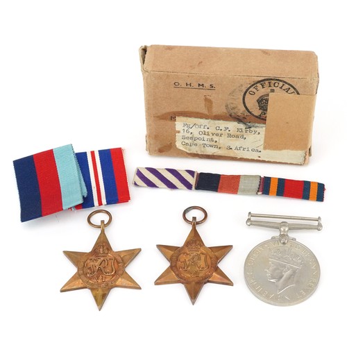 616 - British military World War II three medal group with box of issue awarded FG/OFF.C.F.KIRBY, Cape Tow... 