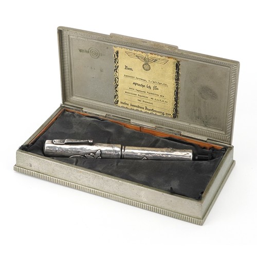 1889 - German military interest Nazi party silver overlaid fountain pen impressed Montblanc, housed in a wh... 