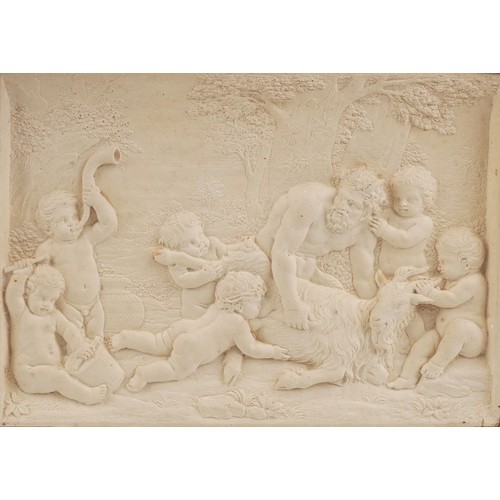 144 - Set of six 19th century Grand Tour classical Bacchanalian panels housed in a glazed framed display, ... 