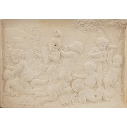 144 - Set of six 19th century Grand Tour classical Bacchanalian panels housed in a glazed framed display, ... 