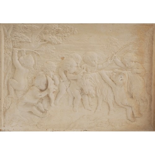 144 - Set of six 19th century Grand Tour classical Bacchanalian panels housed in a glazed framed display, ... 