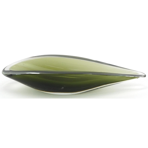 1279 - Scandinavian green glass dish, indistinctly signed to the base, 23.5cm wide