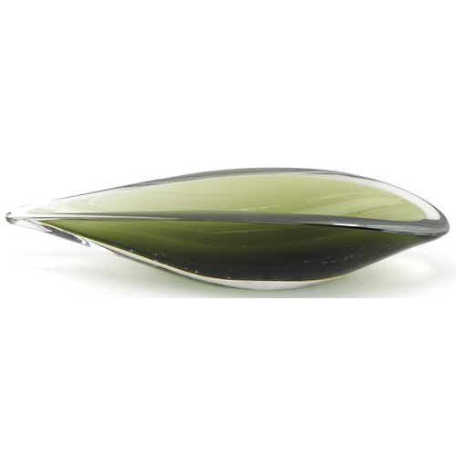 1279 - Scandinavian green glass dish, indistinctly signed to the base, 23.5cm wide