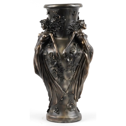 143 - Large Art Nouveau style bronzed vase decorated in relief with three maidens and flowers, 61cm high