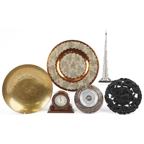 1406 - Sundry items including a chrome sculpture of the Burj Khalifa, Chinese brass plate, Indian pierced c... 