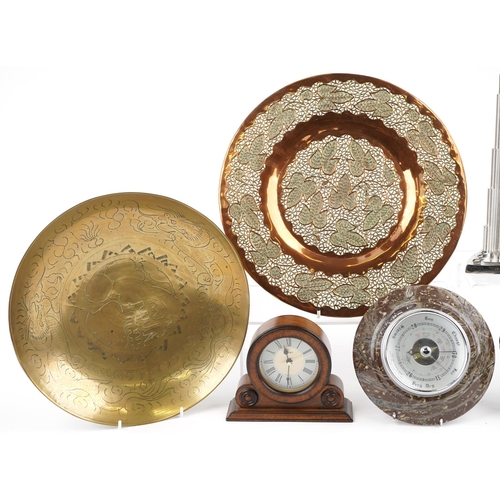 1406 - Sundry items including a chrome sculpture of the Burj Khalifa, Chinese brass plate, Indian pierced c... 