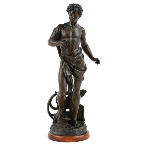 1407 - After Burchon, 19th century patinated spelter statue entitled L'Industrie raised on later hardwood s... 