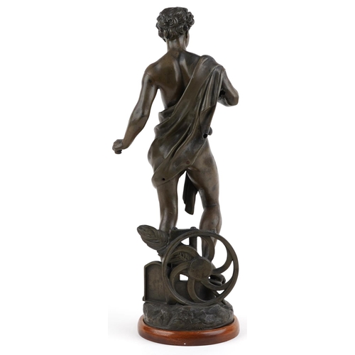 1407 - After Burchon, 19th century patinated spelter statue entitled L'Industrie raised on later hardwood s... 