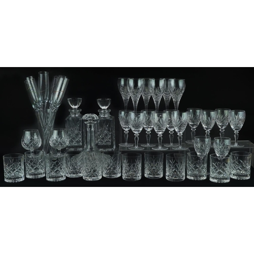 1404 - Glassware including Boyne Valley tumblers, three decanters and set of six Champagne flutes, the larg... 