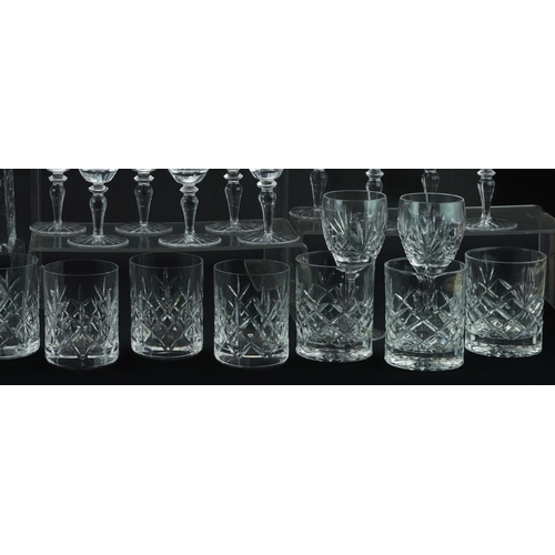 1404 - Glassware including Boyne Valley tumblers, three decanters and set of six Champagne flutes, the larg... 