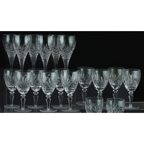 1404 - Glassware including Boyne Valley tumblers, three decanters and set of six Champagne flutes, the larg... 