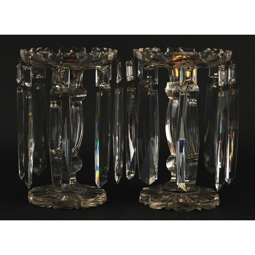 227 - Pair of Victorian cut glass lustre candlesticks with coloured glass drops, each 18cm high