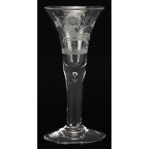 18th century antique Jacobite liberty wine glass engraved with a Jacobite rose and leaping horse, 18.5cm high