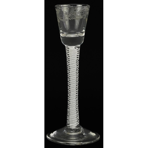 134 - 18th century cordial glass with multiple opaque twist stem and floral engraved bowl, 16.5cm high