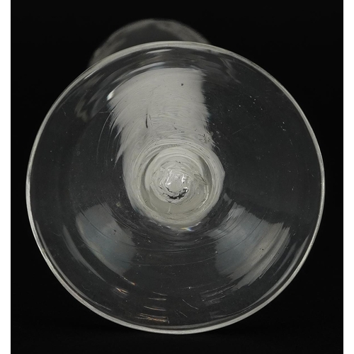 134 - 18th century cordial glass with multiple opaque twist stem and floral engraved bowl, 16.5cm high