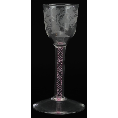 18th century wine glass with multi coloured opaque twist stem and bowl engraved with leaves and berries, 14cm high