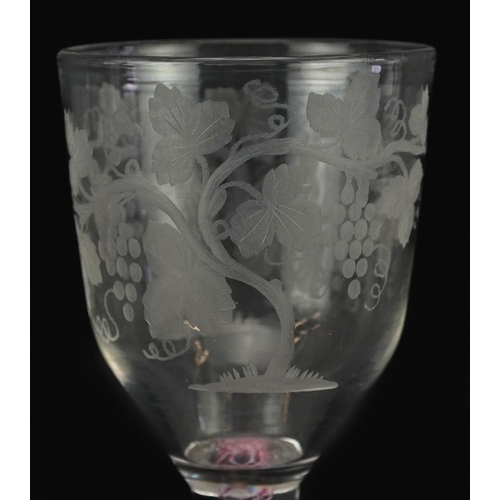 51 - 18th century wine glass with multi coloured opaque twist stem and bowl engraved with leaves and berr... 