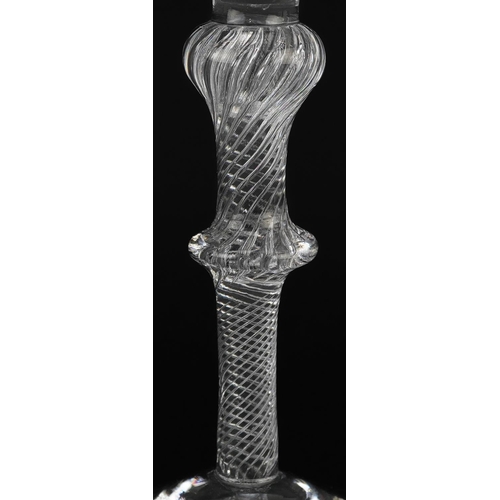 224 - 18th century double knop wine glass with air twist stem, 15.5cm high