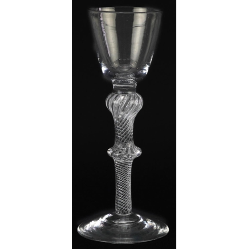 224 - 18th century double knop wine glass with air twist stem, 15.5cm high