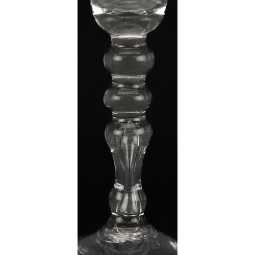 221 - 18th century wine glass with multiple knop stem, 17cm high