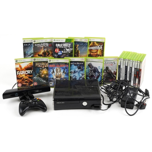 1592 - Xbox 360 games console with controller, Xbox Kinect and games including Halo Wars, Assassin's creed,... 