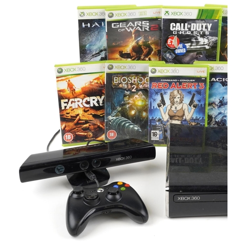 1592 - Xbox 360 games console with controller, Xbox Kinect and games including Halo Wars, Assassin's creed,... 