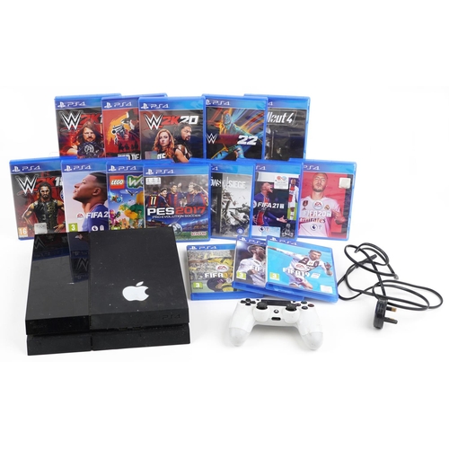 1591 - Sony PlayStation 4 games console with controller and games including FIFA 17, 18, 19, 20, 21, 22, W2... 