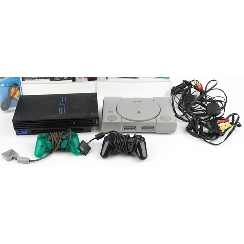 1598 - Sony PlayStation 2 games console with controller and a Sony PlayStation 1 games console with control... 