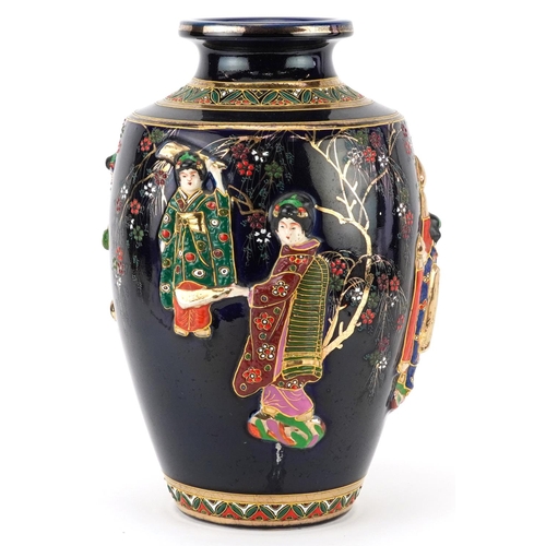 1566 - Japanese Satsuma pottery vase hand painted and decorated in relief with young females, character mar... 