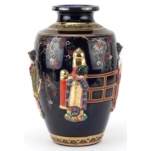 1566 - Japanese Satsuma pottery vase hand painted and decorated in relief with young females, character mar... 