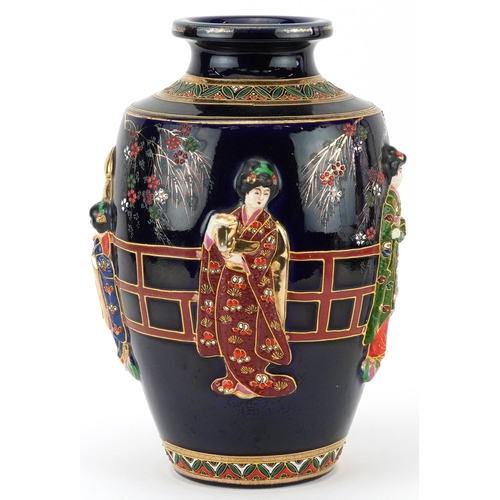 1566 - Japanese Satsuma pottery vase hand painted and decorated in relief with young females, character mar... 