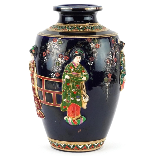 1566 - Japanese Satsuma pottery vase hand painted and decorated in relief with young females, character mar... 