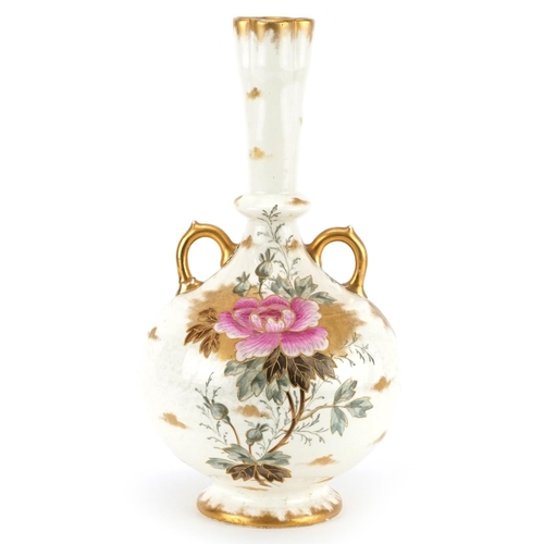 617 - Bonn, 19th century German porcelain vase with twin handles hand painted and gilded with flowers, 36c... 