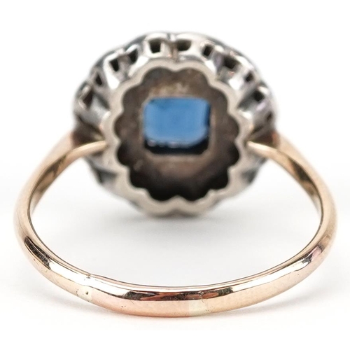 2227 - Art Deco 9ct gold on silver blue and white paste cluster ring, size T, 4.2g
