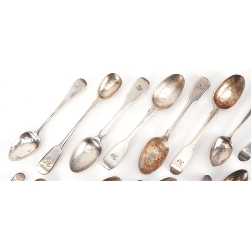 398 - Georgian and later silver spoons and a silver fork, the largest 15cm in length, total 315.0g