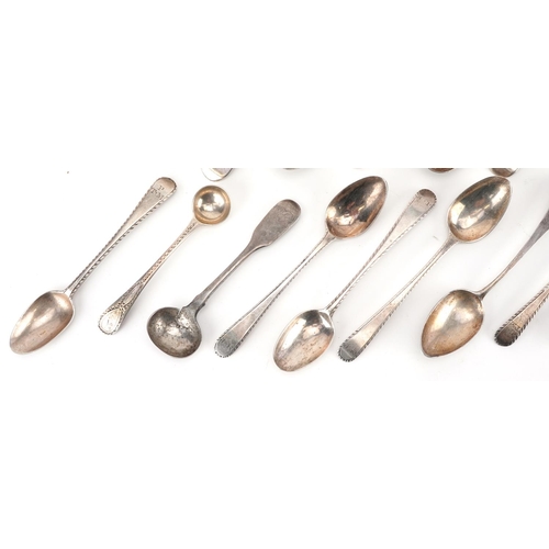 398 - Georgian and later silver spoons and a silver fork, the largest 15cm in length, total 315.0g