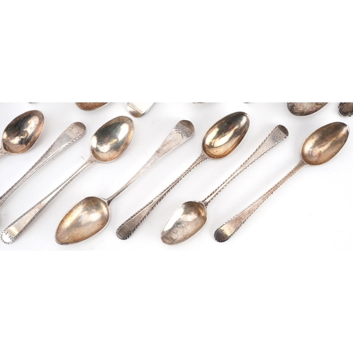 398 - Georgian and later silver spoons and a silver fork, the largest 15cm in length, total 315.0g