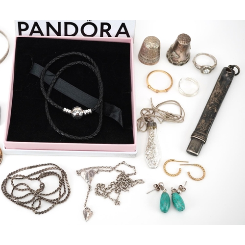 2768 - Antique and later silver jewellery and a pair of 9ct gold hoop earrings including pendants on chains... 