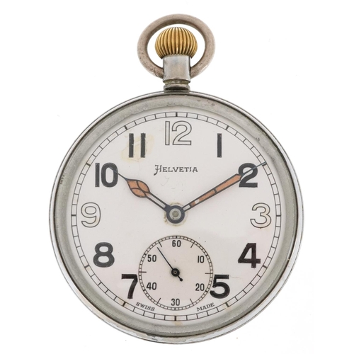 1822 - Helvetia, gentlemen's British military issue open face keyless pocket watch having enamelled and sub... 