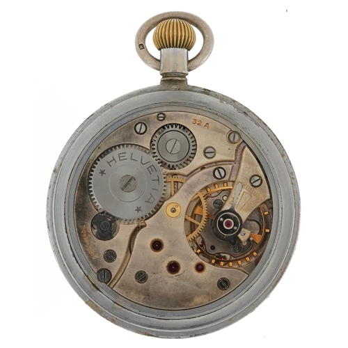 1822 - Helvetia, gentlemen's British military issue open face keyless pocket watch having enamelled and sub... 