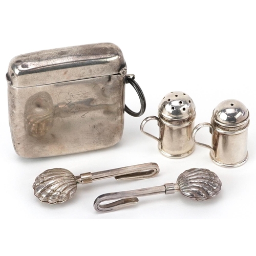 173 - Edwardian and later silver sundry items comprising vesta, pair of miniature salt and pepper casters,... 