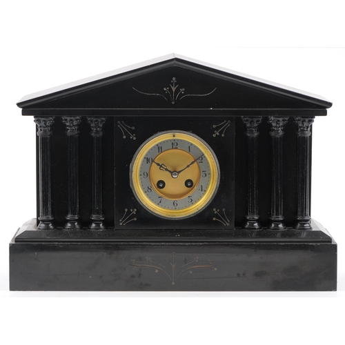 1258 - 19th century French black slate architectural mantle clock with silvered chapter ring having Arabic ... 