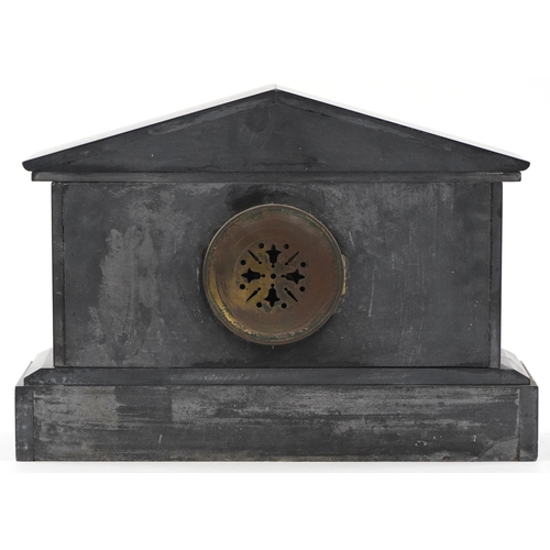 1258 - 19th century French black slate architectural mantle clock with silvered chapter ring having Arabic ... 