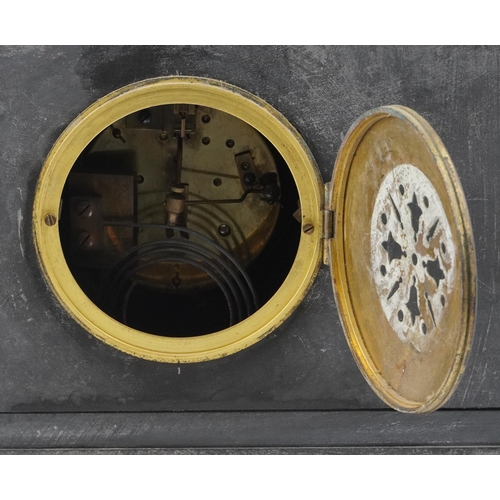 1258 - 19th century French black slate architectural mantle clock with silvered chapter ring having Arabic ... 