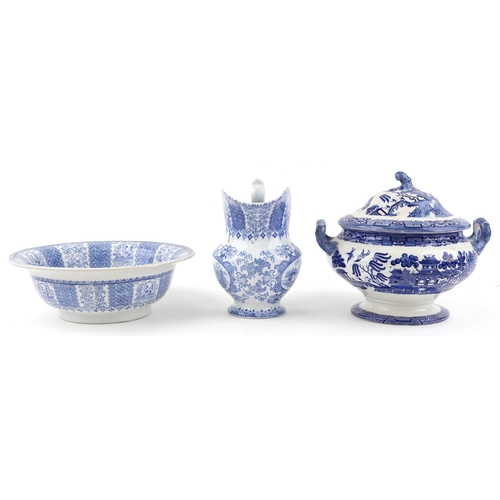 475 - Victorian blue and white wash jug and basin, transfer printed in the Tyrolienne pattern and a Copela... 