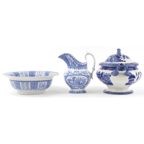 475 - Victorian blue and white wash jug and basin, transfer printed in the Tyrolienne pattern and a Copela... 