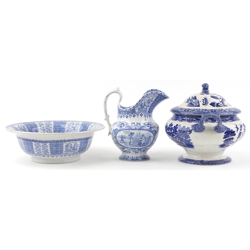 475 - Victorian blue and white wash jug and basin, transfer printed in the Tyrolienne pattern and a Copela... 