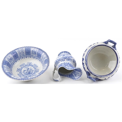 475 - Victorian blue and white wash jug and basin, transfer printed in the Tyrolienne pattern and a Copela... 