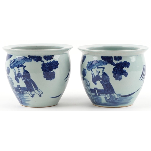 619 - Pair of Chinese blue and white porcelain jardinieres painted with children playing in a palace setti... 